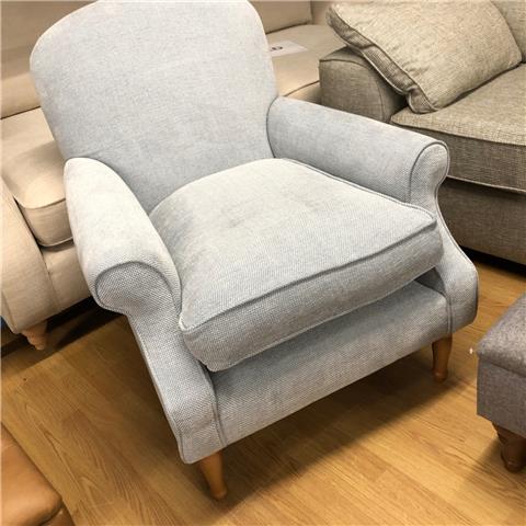 Famous Name armchair / accent chair in a soft, pale blue weave fabric